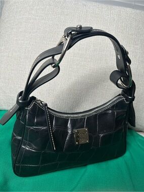 Dooney & Bourke Black Croc-Embossed Shoulder Bag with Silver Hardware